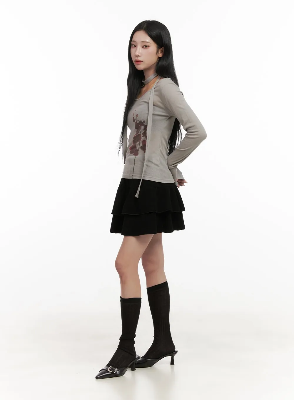 Sheer Graphic Flower Top & Scarf CD404