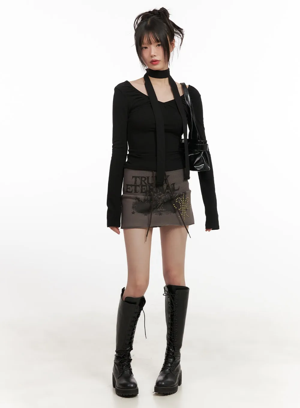 Shirred V-Neck Long-Sleeve Top with Scarf CJ502