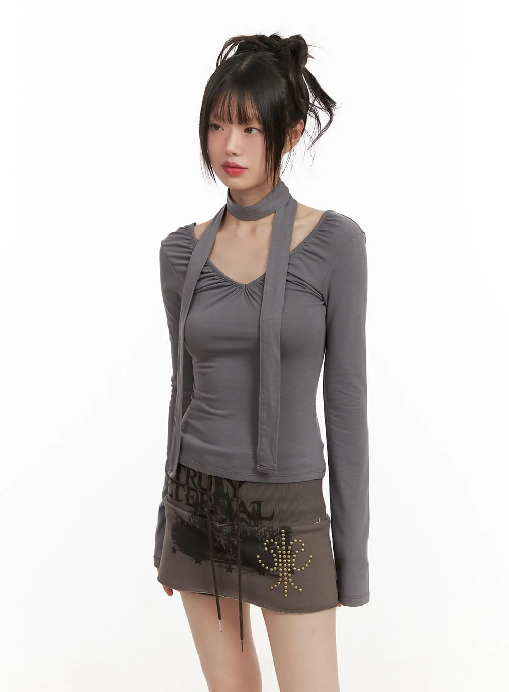 Shirred V-Neck Long-Sleeve Top with Scarf CJ502