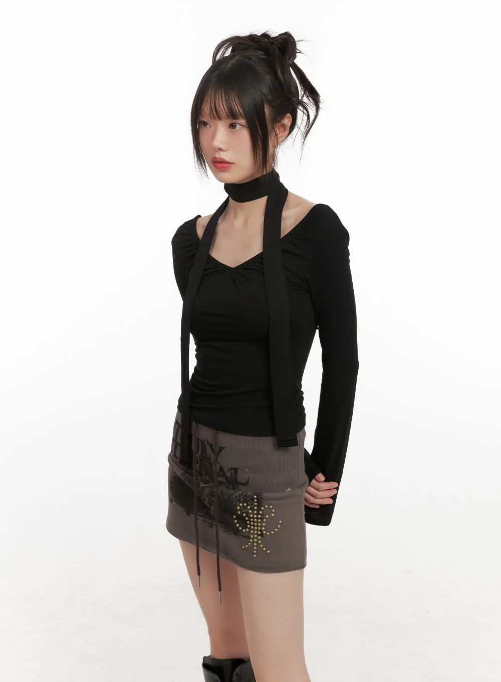 Shirred V-Neck Long-Sleeve Top with Scarf CJ502