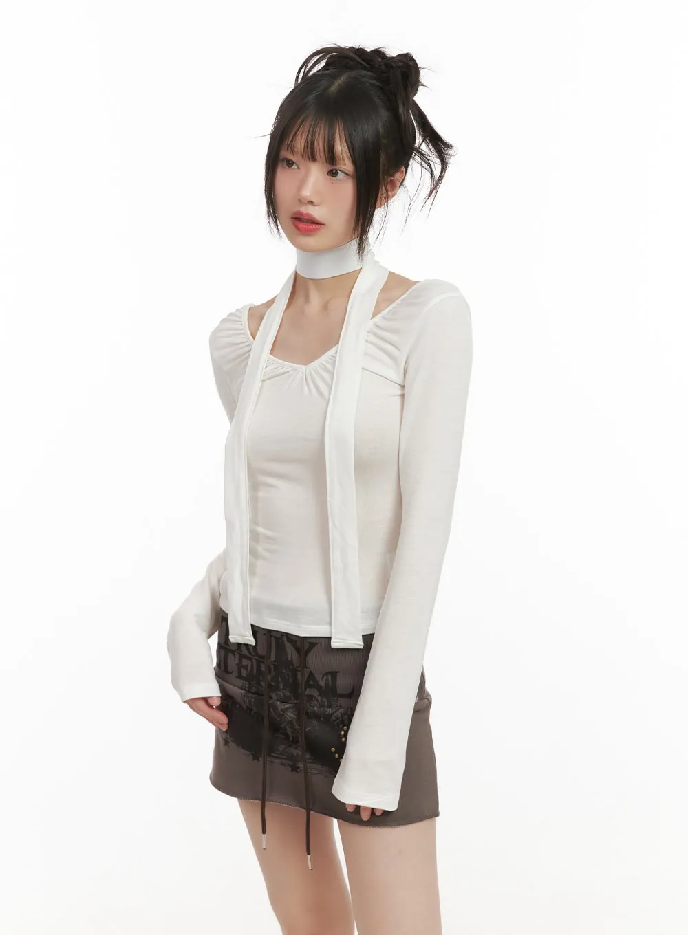 Shirred V-Neck Long-Sleeve Top with Scarf CJ502
