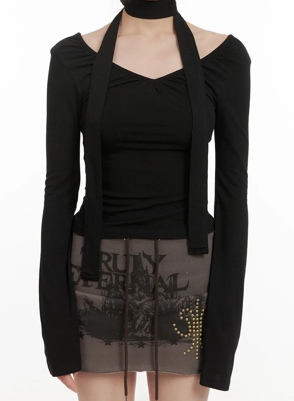 Shirred V-Neck Long-Sleeve Top with Scarf CJ502