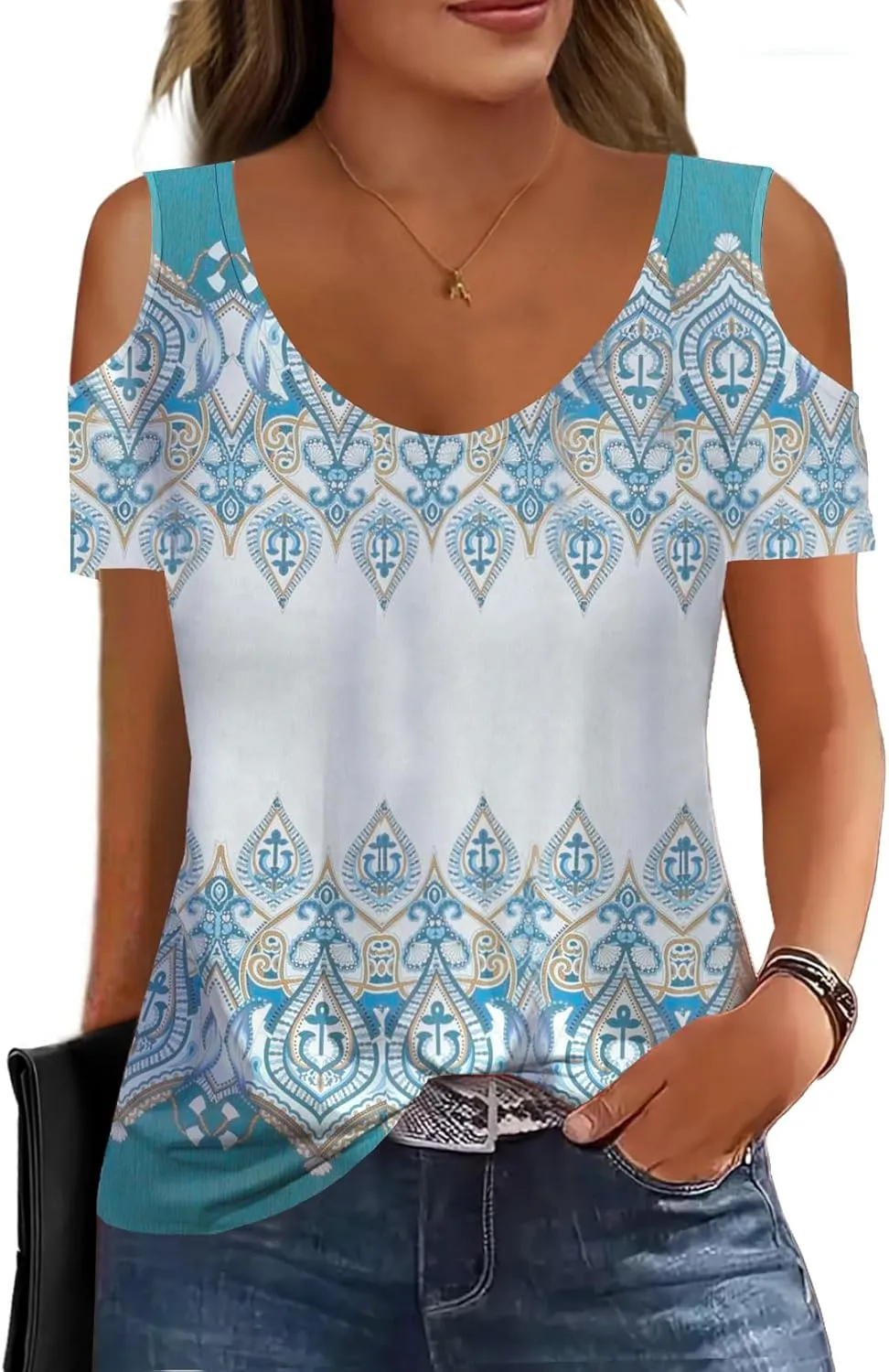 Soesdemo Women Summer Tops Scoop Neck Cold Shoulder Short Sleeve 2024 Loose Fit Basic Tee Shirts