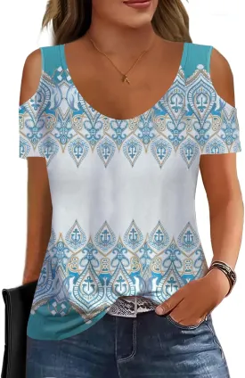Soesdemo Women Summer Tops Scoop Neck Cold Shoulder Short Sleeve 2024 Loose Fit Basic Tee Shirts