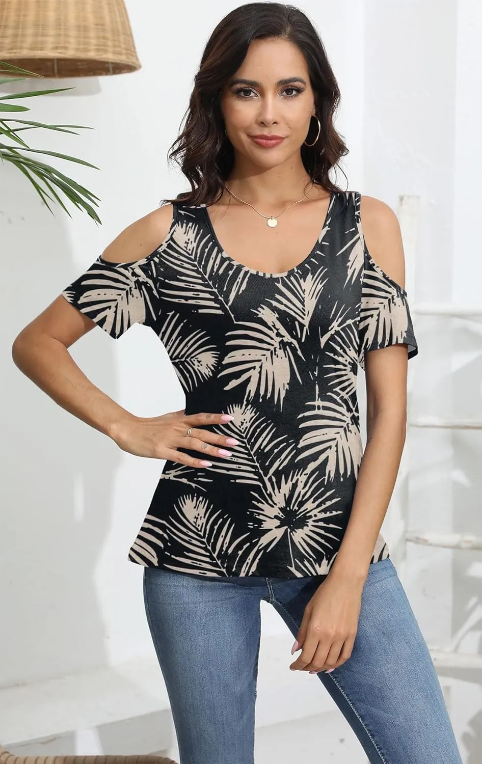 Soesdemo Women Summer Tops Scoop Neck Cold Shoulder Short Sleeve 2024 Loose Fit Basic Tee Shirts
