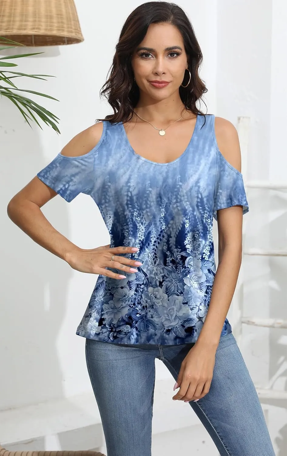 Soesdemo Women Summer Tops Scoop Neck Cold Shoulder Short Sleeve 2024 Loose Fit Basic Tee Shirts