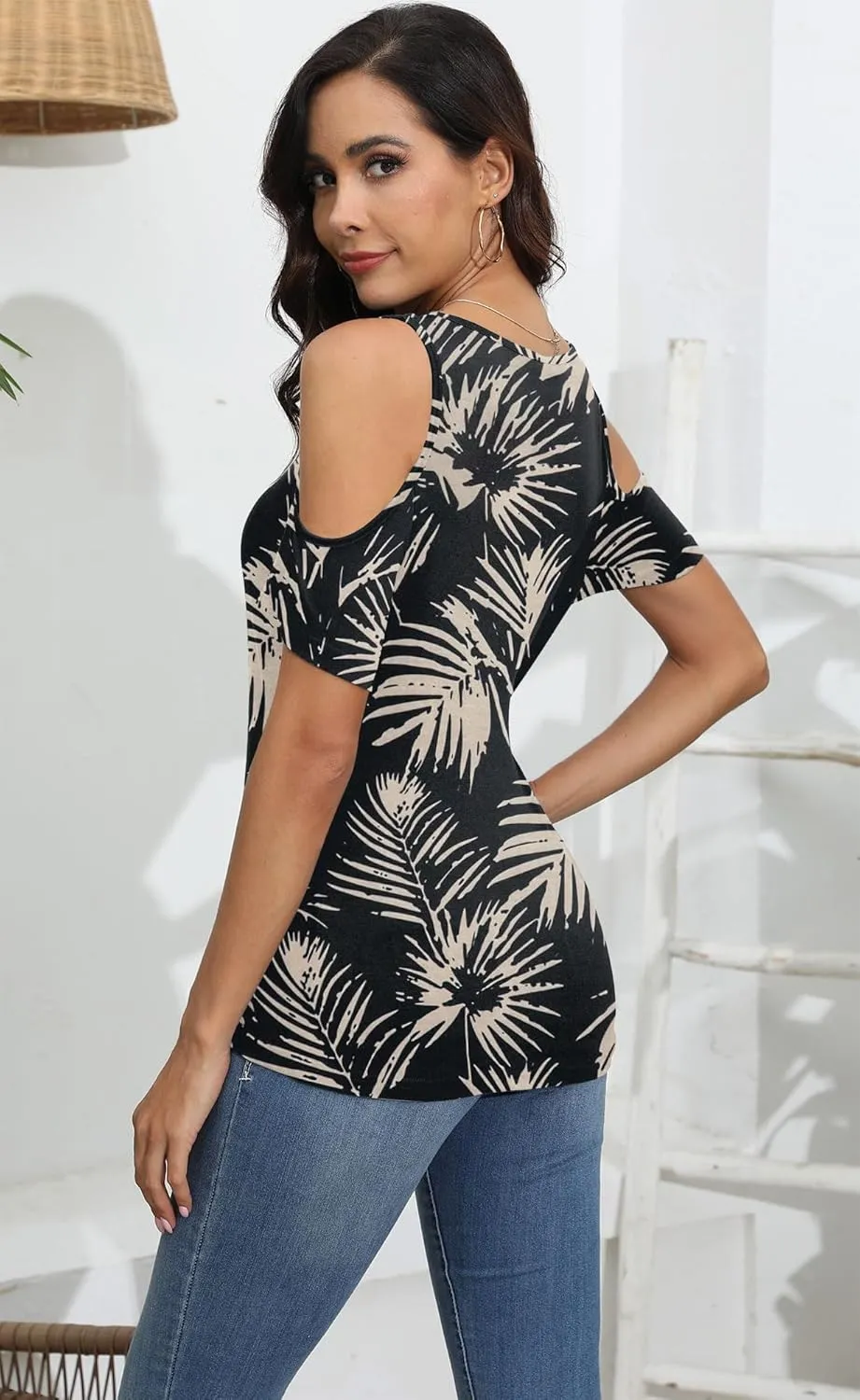 Soesdemo Women Summer Tops Scoop Neck Cold Shoulder Short Sleeve 2024 Loose Fit Basic Tee Shirts