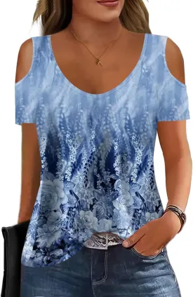 Soesdemo Women Summer Tops Scoop Neck Cold Shoulder Short Sleeve 2024 Loose Fit Basic Tee Shirts