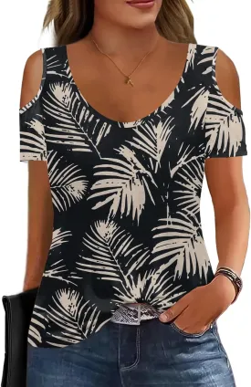 Soesdemo Women Summer Tops Scoop Neck Cold Shoulder Short Sleeve 2024 Loose Fit Basic Tee Shirts