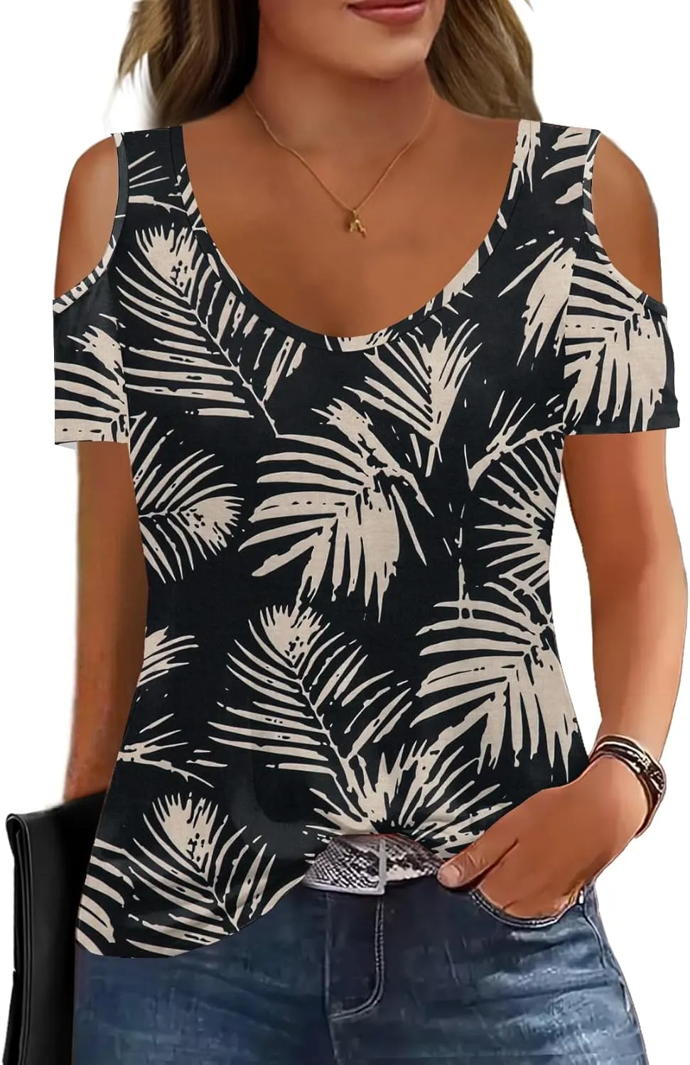 Soesdemo Women Summer Tops Scoop Neck Cold Shoulder Short Sleeve 2024 Loose Fit Basic Tee Shirts