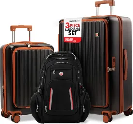 SWISS&CO 3-Piece Premium Luggage Set ?C Hardshell Spinner Suitcases with TSA Lock, Front-Open Design, Durable Travel Backpack ?C Spacious, Multi-Compartment Design?C 28" Checked, 20" Carry-On?CSleek Black