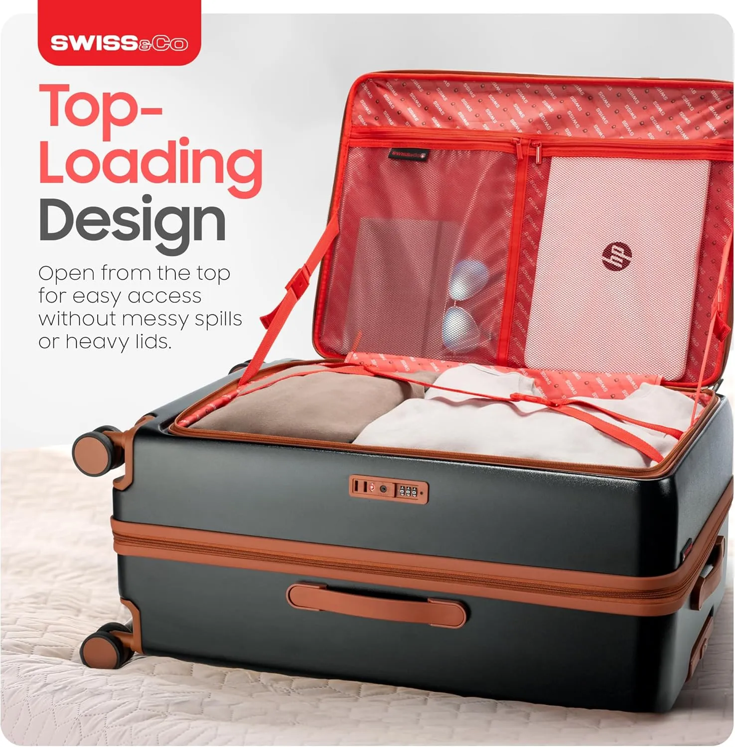 SWISS&CO 3-Piece Premium Luggage Set ?C Hardshell Spinner Suitcases with TSA Lock, Front-Open Design, Durable Travel Backpack ?C Spacious, Multi-Compartment Design?C 28" Checked, 20" Carry-On?CSleek Black