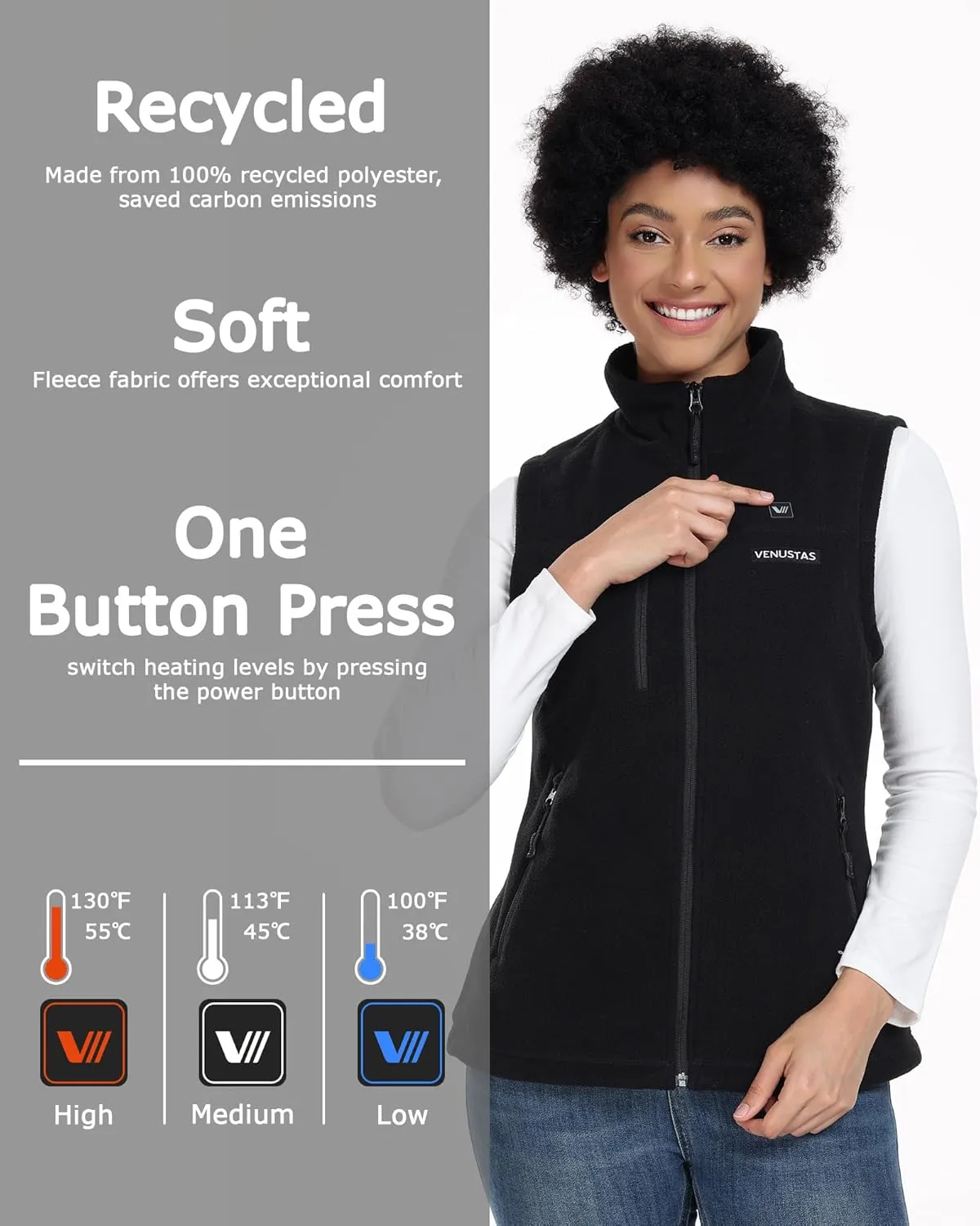 Venustas Women's Heated Fleece Vest with 6 Heating Zones, Ladies' Lightweight Recycled Fleece Electric Vest with Battery