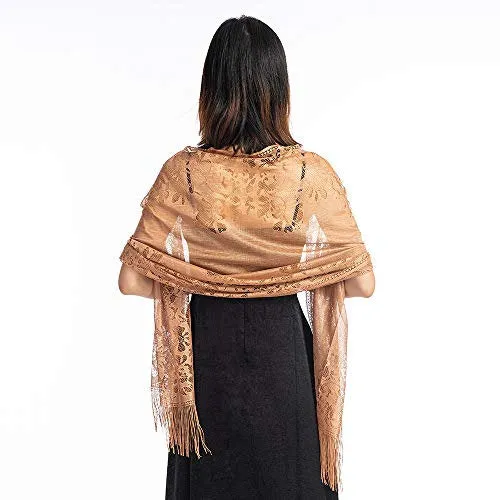 Women's Girls Floral Lace Scarf Shawl with Tassels, Soft Mesh Fringe Wraps for Wedding Evening Party Dresses