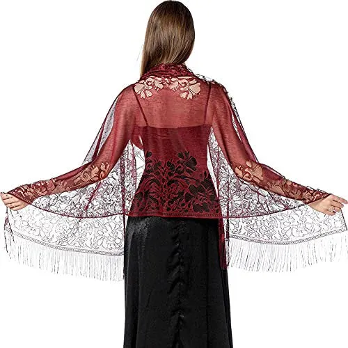 Women's Girls Floral Lace Scarf Shawl with Tassels, Soft Mesh Fringe Wraps for Wedding Evening Party Dresses
