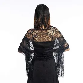 Women's Girls Floral Lace Scarf Shawl with Tassels, Soft Mesh Fringe Wraps for Wedding Evening Party Dresses