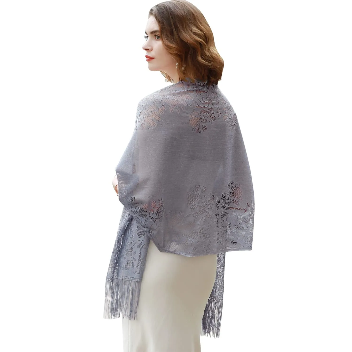 Women's Girls Floral Lace Scarf Shawl with Tassels, Soft Mesh Fringe Wraps for Wedding Evening Party Dresses