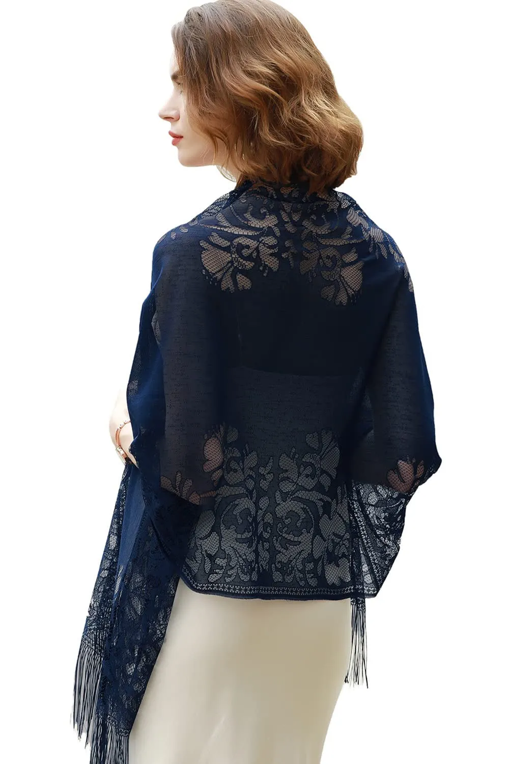 Women's Girls Floral Lace Scarf Shawl with Tassels, Soft Mesh Fringe Wraps for Wedding Evening Party Dresses