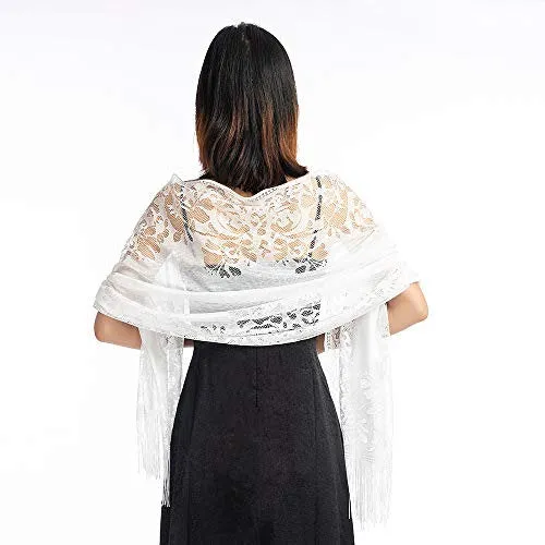 Women's Girls Floral Lace Scarf Shawl with Tassels, Soft Mesh Fringe Wraps for Wedding Evening Party Dresses