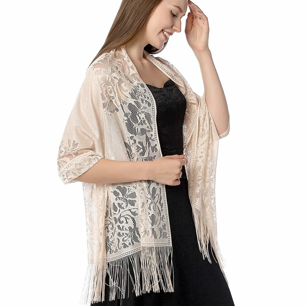Women's Girls Floral Lace Scarf Shawl with Tassels, Soft Mesh Fringe Wraps for Wedding Evening Party Dresses