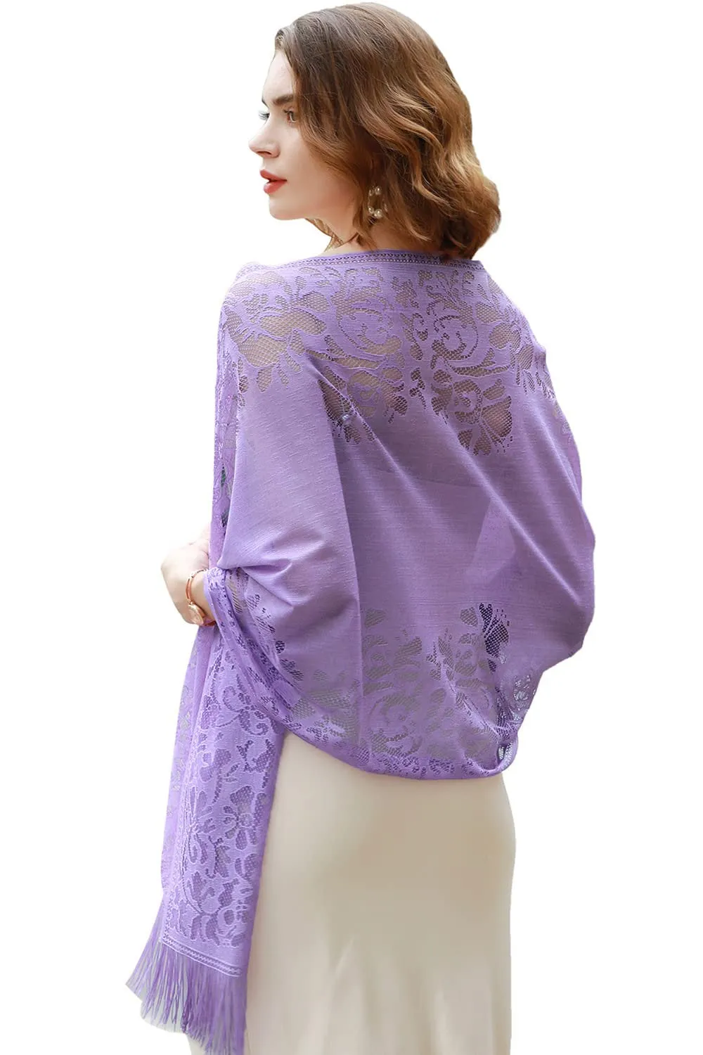 Women's Girls Floral Lace Scarf Shawl with Tassels, Soft Mesh Fringe Wraps for Wedding Evening Party Dresses
