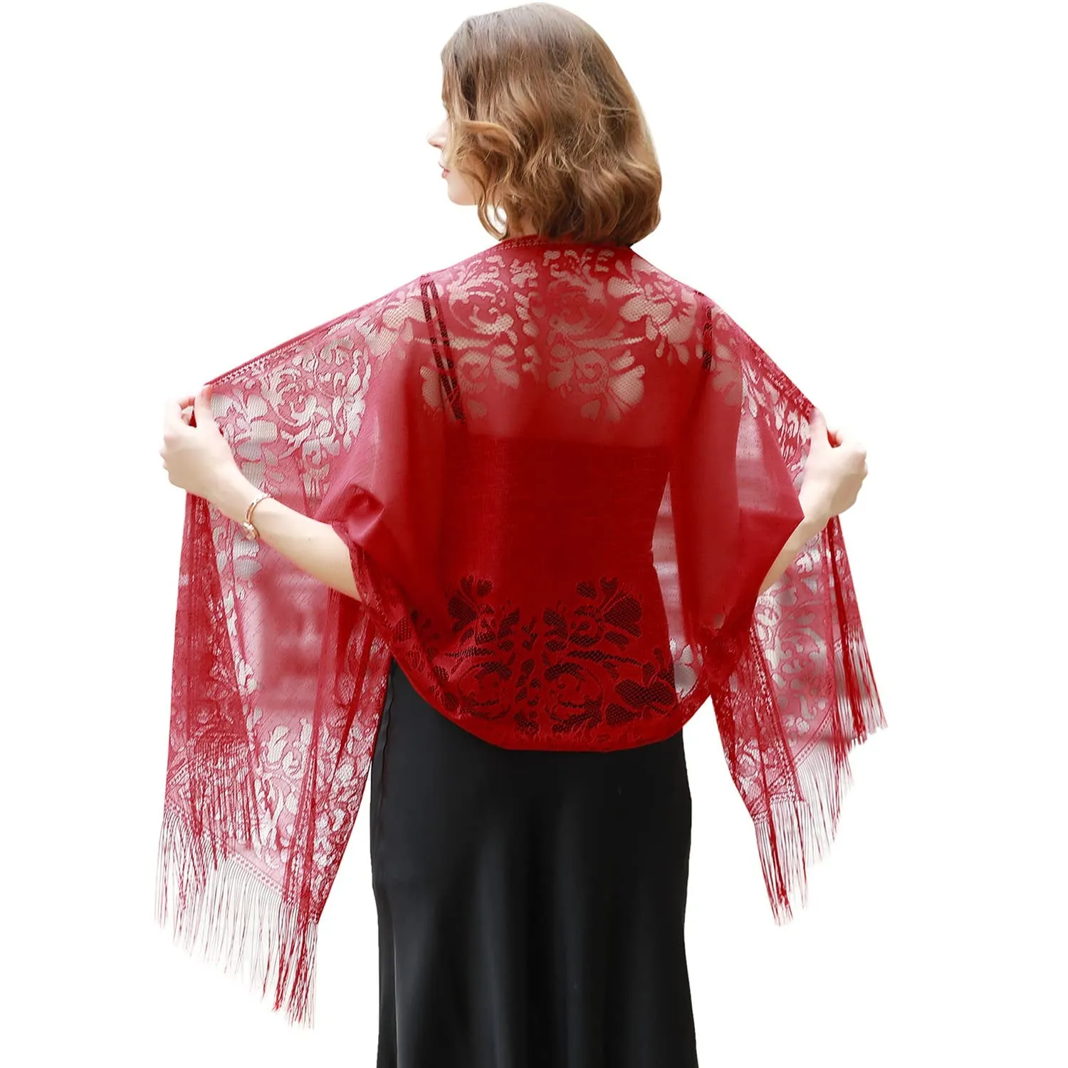 Women's Girls Floral Lace Scarf Shawl with Tassels, Soft Mesh Fringe Wraps for Wedding Evening Party Dresses